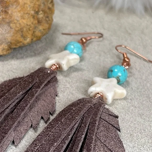Howlite Gemstone And Turquoise Genuine Brown Leather Fringe Earrings - Picture 9 of 15